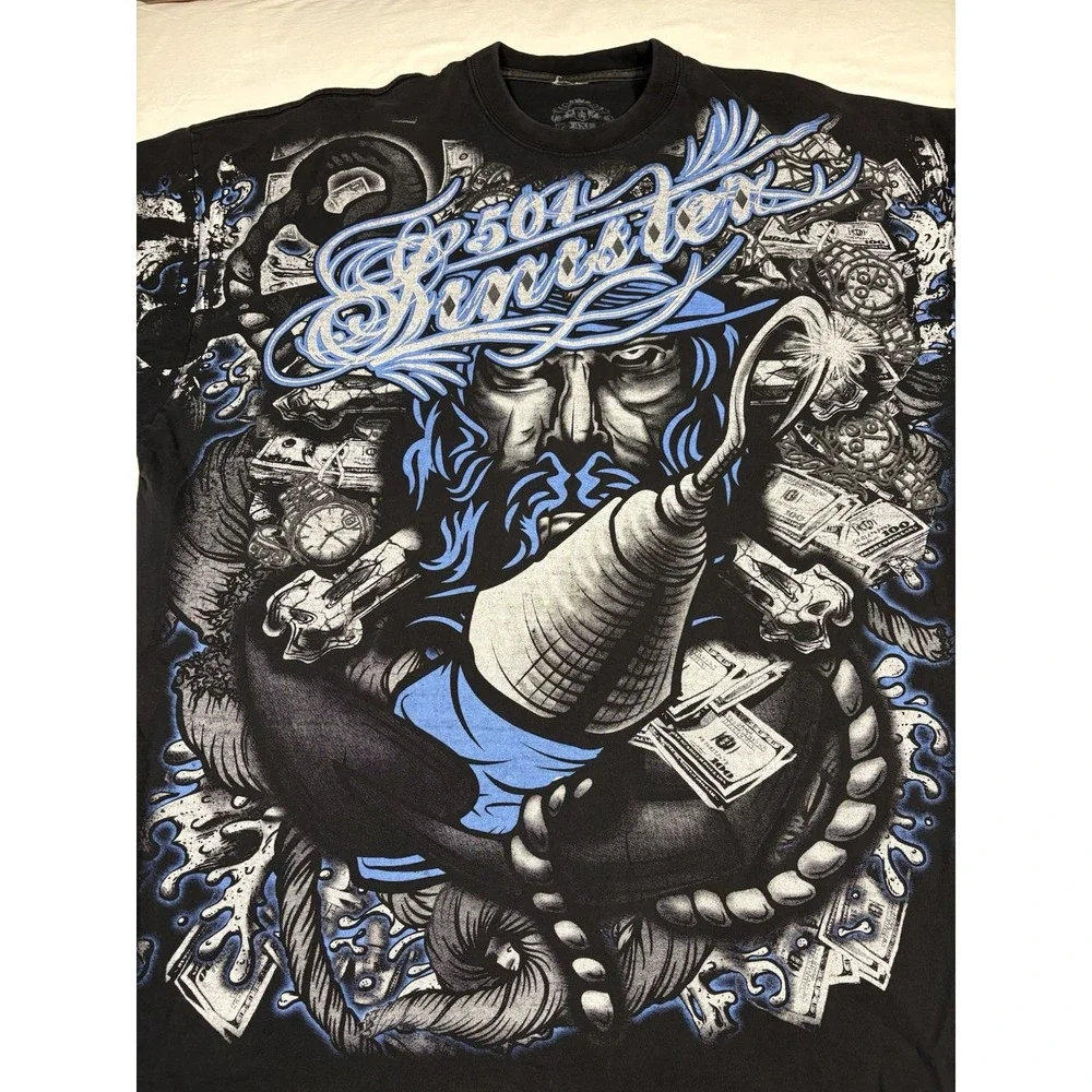 Vintage Sinister Brand 501 T Shirt Mens 4XL Black All Over Print Pirate Hook USA